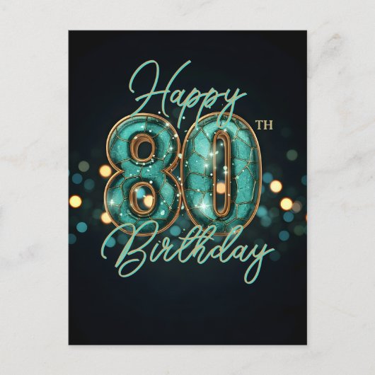 洗練されたターコイズとゴールドのメタリックな80歳の誕生日 ポストカード (正面)