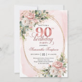 洗練されたダスティピンクとゴールドのグリーンを使った90歳の誕生日  招待状 (正面)