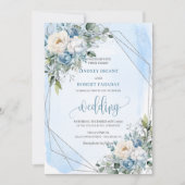 洗練されたダスティーブルーと白と銀のローズがあなたを誘う 招待状 (正面)