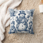 洗練されたトイルブルー雪だるまパターン クッション (ブランケット)