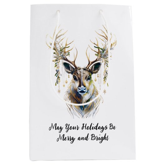 洗練されたトナカイメリーと明るい休日 ミディアムペーパーバッグ (正面)