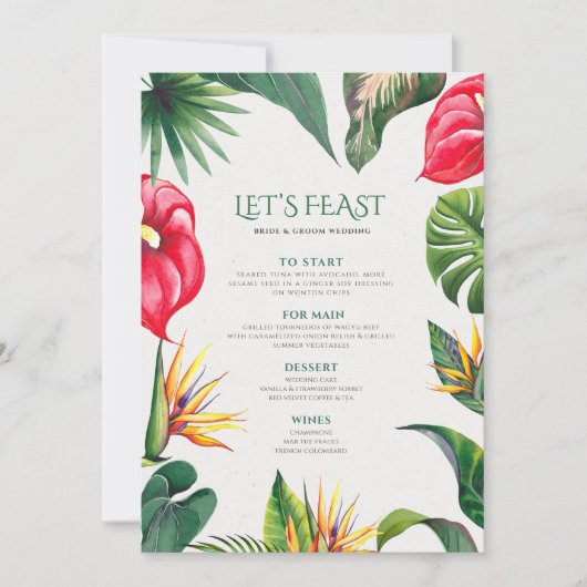 洗練されたトロピカルウェディングフラワーフレームメニュー 招待状 (正面)