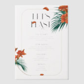 洗練されたトロピカル結婚フラワーズメニュー ベラム紙招待状 (正面)