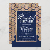 洗練されたネイビーゴールドグリッター ヘキサゴン ジオ ブライズシャワー 招待状 (正面/裏面)