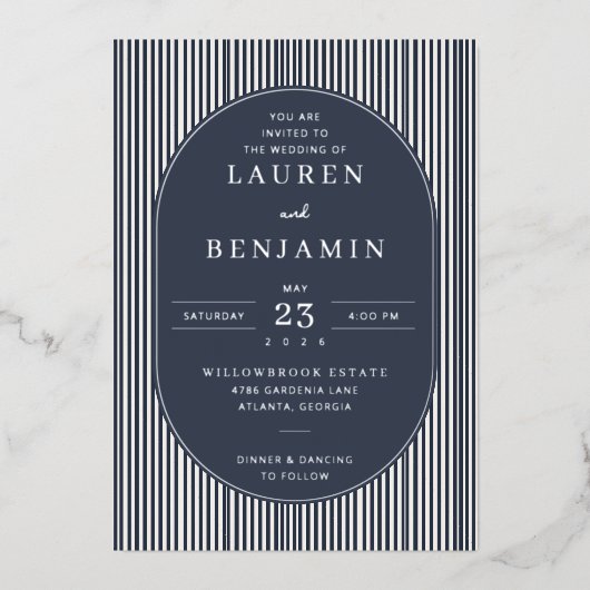 洗練されたネイビーストライプの結婚式招待状 箔招待状 (正面)