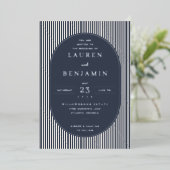 洗練されたネイビーストライプの結婚式招待状 箔招待状 (立ち正面)