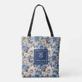洗練されたネイビーブルーの花の名入れトートバッグ トートバッグ (裏面)