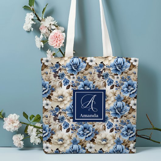 洗練されたネイビーブルーの花の名入れトートバッグ トートバッグ