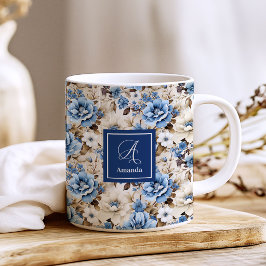 洗練されたネイビーブルーの花 個性的 コーヒーマグカップ