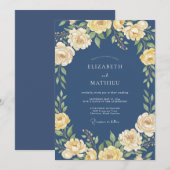 洗練されたネイビーブルーの薔薇の結婚式 招待状 (正面/裏面)