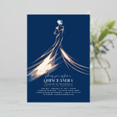 洗練されたネイビーブルー&バラ金ゴールドキンセアニェラ 箔招待状 (立ち正面)