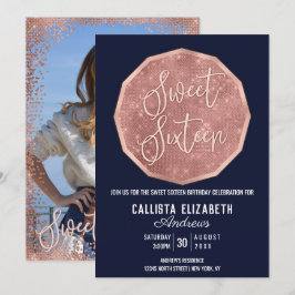 洗練されたネイビー ローズゴールド グリッター ポリゴン フォト スイート 16 招待状