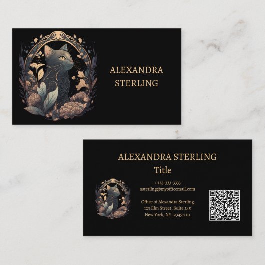 洗練されたノワールアールヌーボーパーソナライズされた猫 名刺 (正面/裏面)