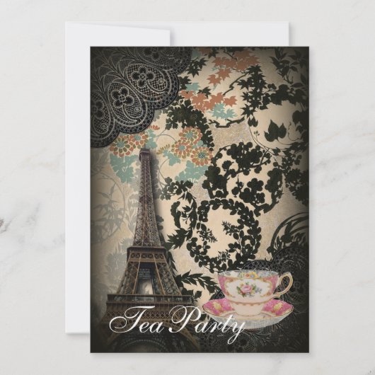 洗練されたパリフローラレースヴィンテージティーパーティー 招待状 (正面)