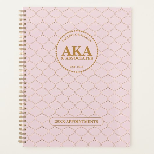 洗練されたビジネスモノグラムピンク金ゴールドトレリス プランナー手帳 (正面)