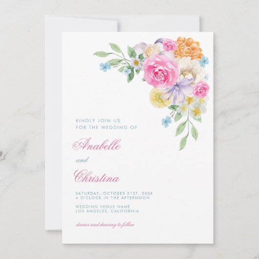 洗練されたピンクのフローラガーデンティーパーティー結婚ズ 招待状 (正面)