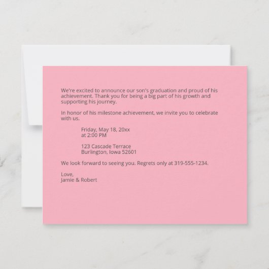 洗練されたピンクの卒業写真のお知らせ ノートカード (裏面)
