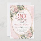 洗練されたピンクゴールド＋ユーカリ 90歳の誕生日  招待状 (正面)