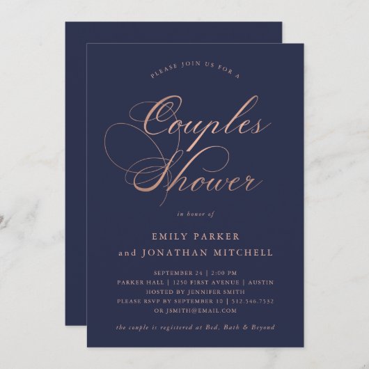 洗練されたフェイクバラ金ゴールド書道カップルのシャワー 招待状 (正面/裏面)