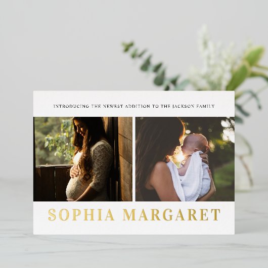 洗練されたフォトゴルフフォイル誕生のお知らせ 箔招待状 (立ち正面)