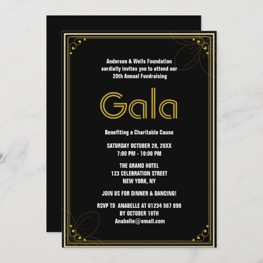 洗練されたフォーマルな企業主催のガラボールパーティー・ファンドレイザー 招待状 (正面/裏面)