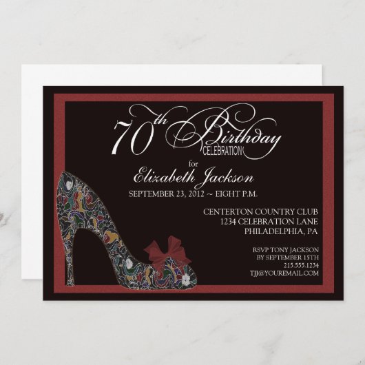 洗練されたフローラシュー70番目の誕生日招待状レッド 招待状 (正面/裏面)
