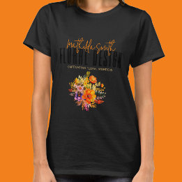 洗練されたフローラデザインブラックオレンジ色の花 Tシャツ