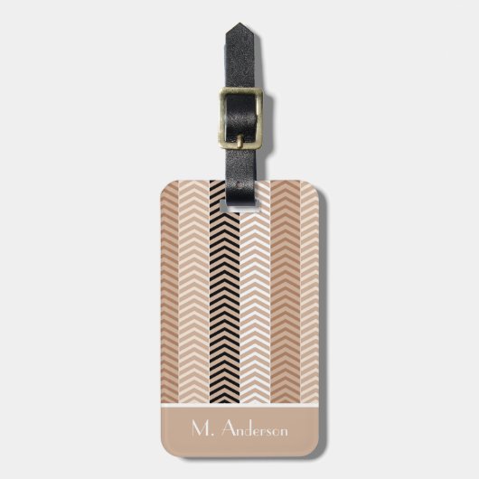 洗練されたブラウンシェブロンは名前と縞で飾ります ラゲッジタグ (正面縦)