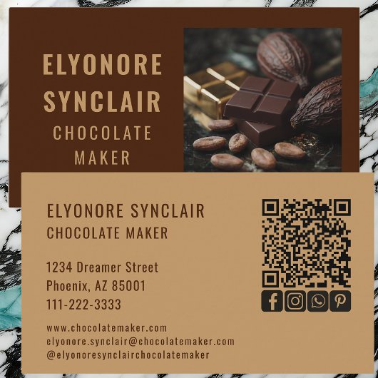 洗練されたブラウン・チョコレート職人写真入りソーシャルQRコード 名刺