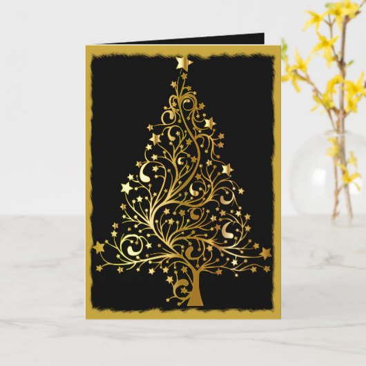 洗練されたブラックと金ゴールドクリスマス カード (黄色い花)