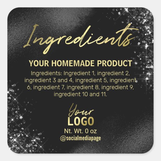 洗練されたブラックグリッター箔の原料ラベル スクエアシール (正面)