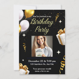 洗練されたブラックゴールドの誕生日パーティー招待カード 招待状