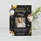 洗練されたブラックゴールドの誕生日パーティー招待カード 招待状 (スタンド正面)