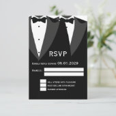 洗練されたブラックタイのゲイ ウェディング RSVP カード (スタンド正面)