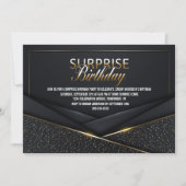 洗練されたブラック金ゴールドサプライズ誕生日 招待状 (正面)