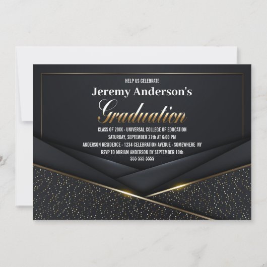洗練されたブラック金ゴールド卒業パーティー 招待状 (正面)