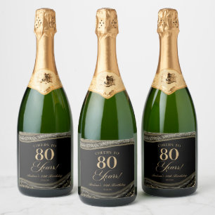 洗練されたブラック+ゴールド+アゲートの80歳の誕生日パーティー スパークリングワインラベル
