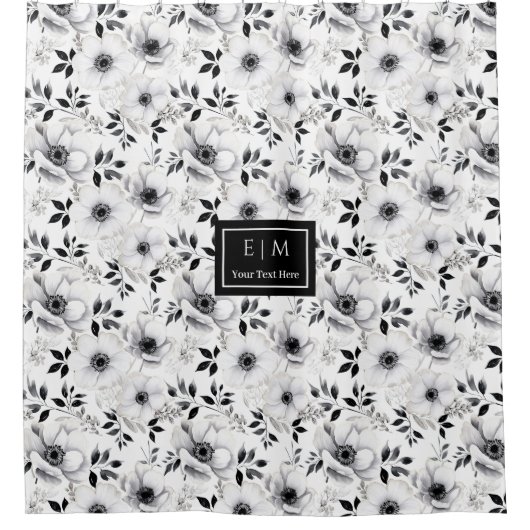 洗練されたブラック&ホワイトの花柄シャワーカーテン シャワーカーテン (正面)