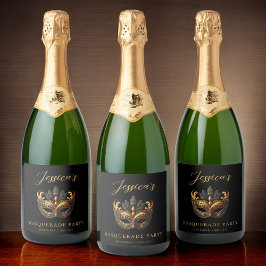 洗練されたブラック&金ゴールドマスカレードお祝い スパークリングワインラベル