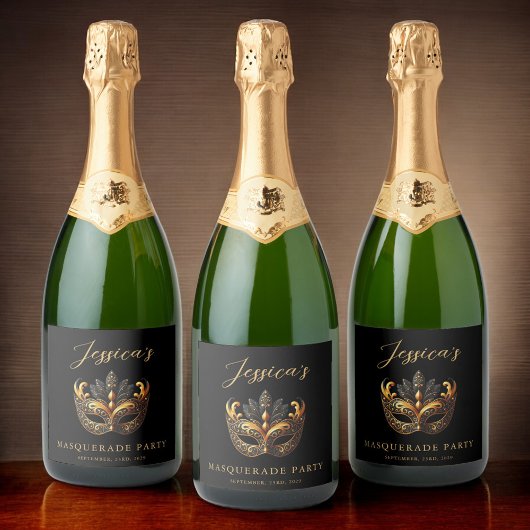 洗練されたブラック&金ゴールドマスカレードお祝い スパークリングワインラベル
