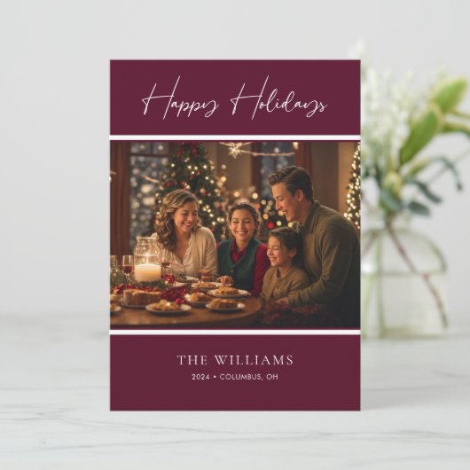 洗練されたブルゴーニュのアクセント付きパーソナライズされた写真 シーズンカード (スタンド正面)