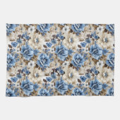 洗練されたブルーアイボリーの花柄ソフトキッチンタオル キッチンタオル (横)
