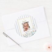 洗練されたブルーゴールドの花柄フォト洗礼 ラウンドシール (封筒)