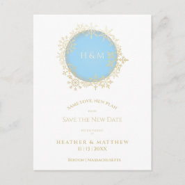 洗練されたブルー金ゴールド冬の雪結婚片 ポストカード