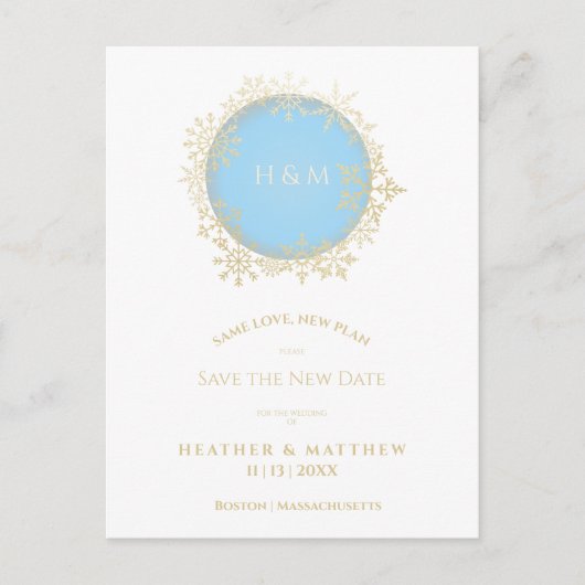 洗練されたブルー金ゴールド冬の雪結婚片 ポストカード (正面)