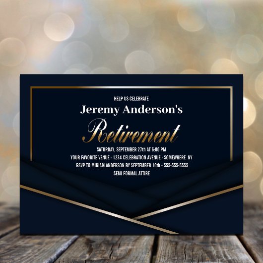 洗練されたブルー金ゴールド退職パーティー 招待状