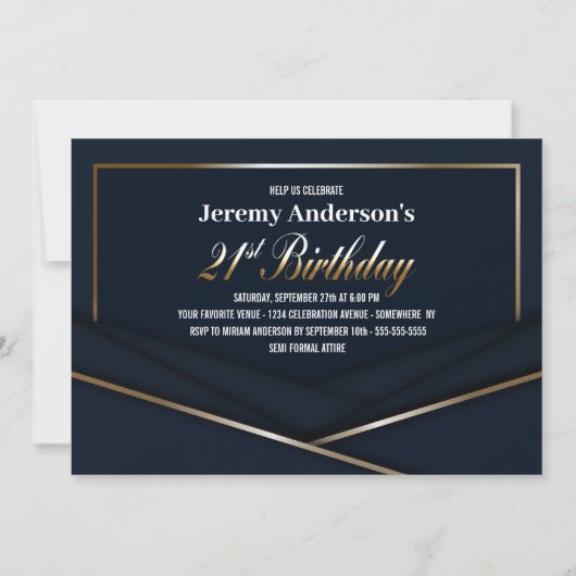 洗練されたブルー金ゴールド21歳の誕生日パーティー 招待状 (正面)