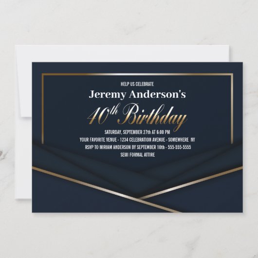 洗練されたブルー金ゴールド40th誕生日パーティー 招待状 (正面)