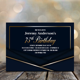 洗練されたブルー金ゴールド75th誕生日パーティー 招待状