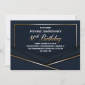 洗練されたブルー金ゴールド80th誕生日パーティー 招待状 (正面)